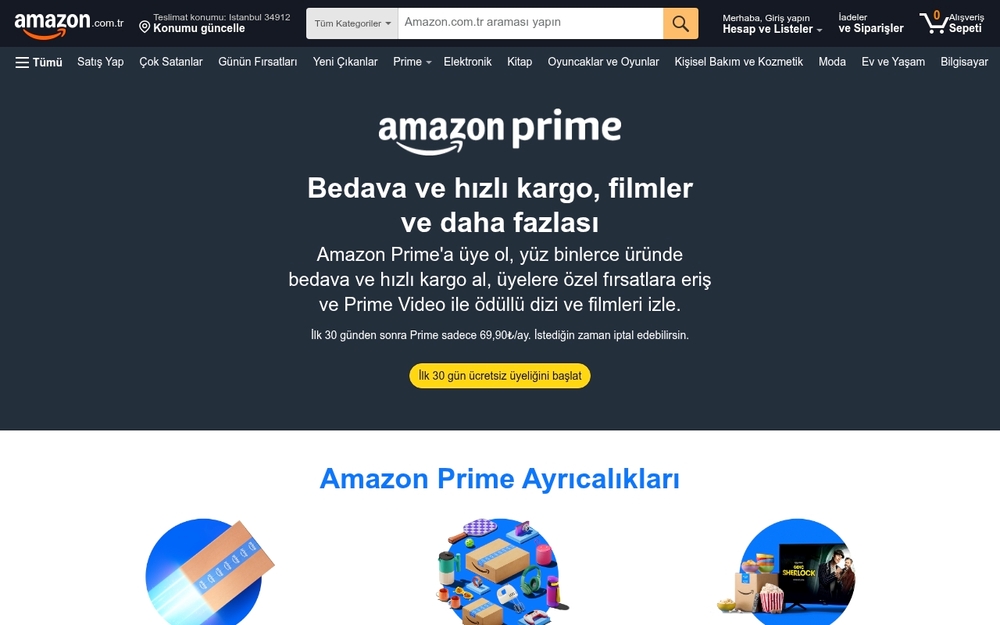 Amazon Prime Türkiye üyelik sayfası